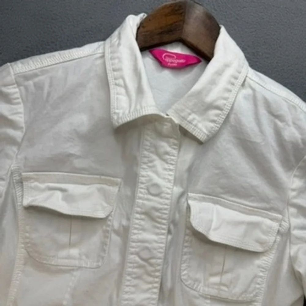 Pappagallo‎ Denim Jacket Utility Shacket Button Up Petite 6P White Flap Pockets